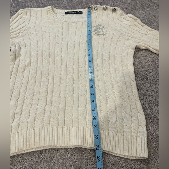 Ralph Lauren Off White Cable Knit Sweater, Crew Neck, Monogram,Silver Buttons, M - Picture 10 of 16